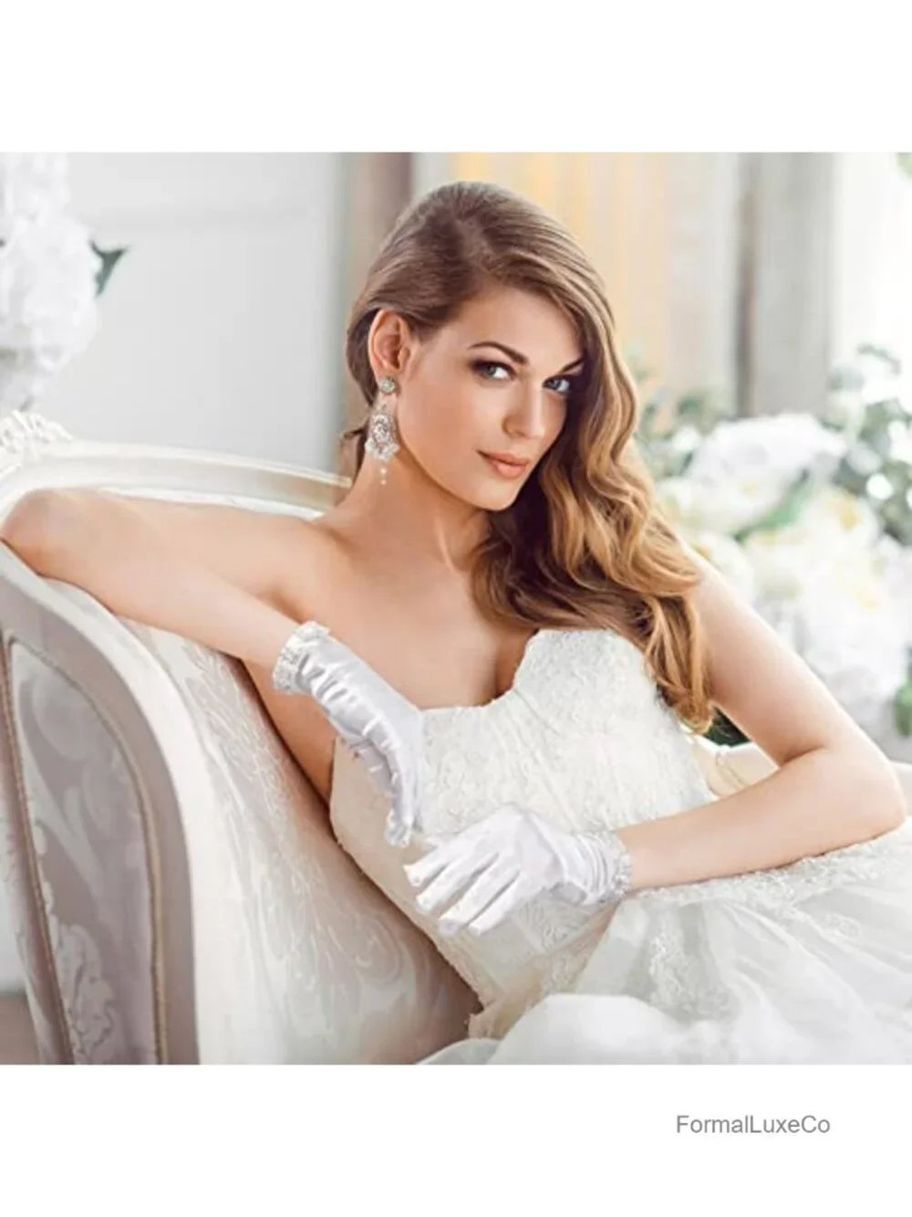 Women's Satin Short Gloves Pearl Accent Wrist Length Bridal Evening Opera Gloves